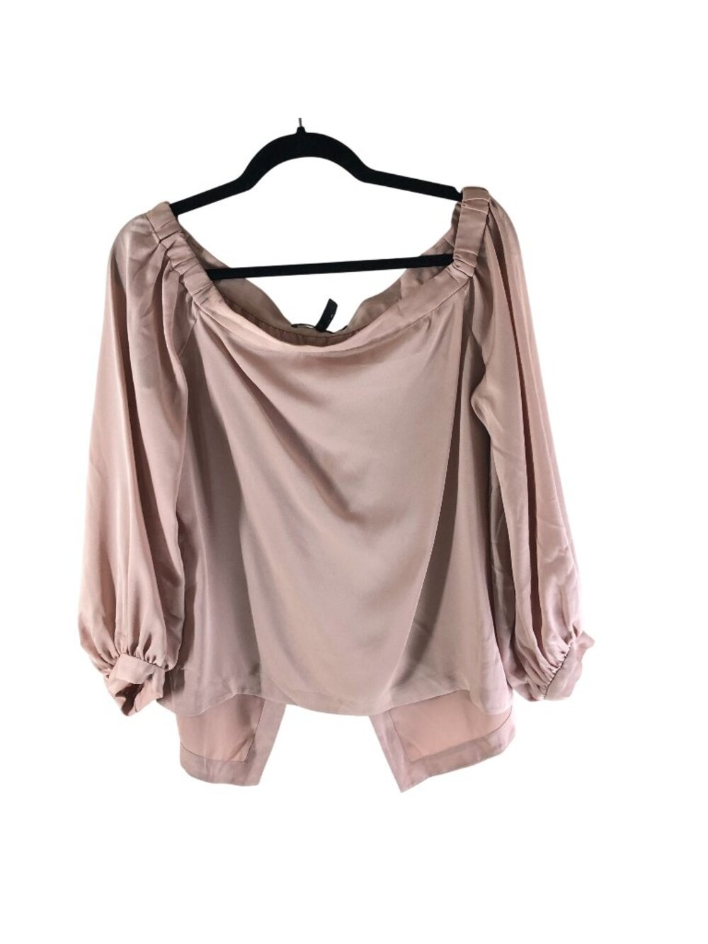 BCBGMaxAzria Blush Pink Off Shoulder Satin Open Back Ruched Sleeve Blouse Size M